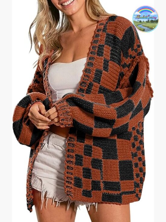 Sweaters - Vintage Open Front Chunky Knit Plaid Long Sleeve Cardigan